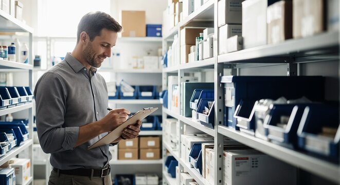 Man taking inventory of supplies with clipboard in warehouse, organizing items on shelves and checking stock. Efficient inventory management includes detail-oriented approach for maintaining supplies.