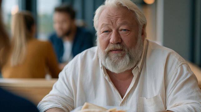 Senior male employee in a corporate break room overhearing younger colleagues commenting on his lunch, his measured expression masking discomfort, a nutritious home-packed meal in
