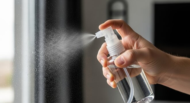 Man spraying window cleaner with bottle in hand, fine mist of detergent directed at the glass panel. Cleaning process involves effective window maintenance and care, creating a spotless view.