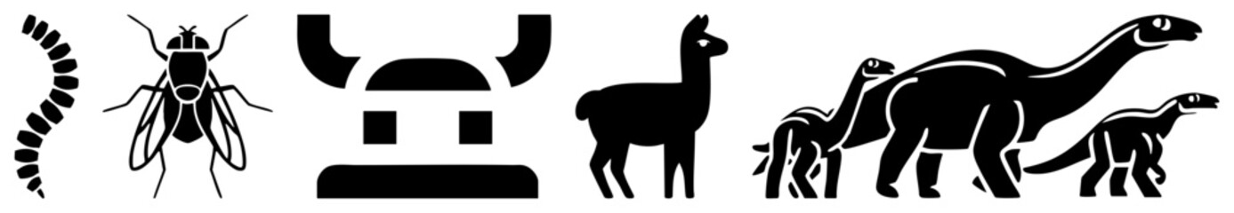 Naklejka premium Diverse set of black glyphs featuring a housefly, a prehistoric sauropod, a mountain llama, and a creepy crawly worm. These minimalist shapes include an insect, a dinosaur, and a camelid.
