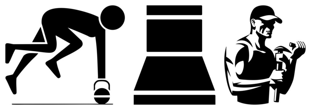 Minimalist set featuring a sprinting track star, a hard working handyman, and a heavy masonry block. These glyph style figures include a sprinter, a laborer, and a stone monolith.