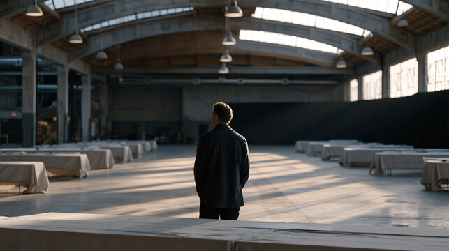 Festival production team rehearsing experience economy immersive dining event setup in empty warehouse venue, solitary individual stage director reviewing guest journey map alone