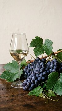 Glass of white wine with grapes and leaves on wooden table
