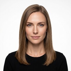 Fototapeta premium High End Studio Beauty Headshot Portrait of an Elegant Young Woman with Straight Light Brown Hair on a Solid White Background