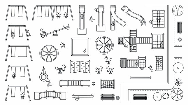 Playground equipment line icons set, outdoor park play structures vector, children recreation area elements for landscape planning and architectural site maps