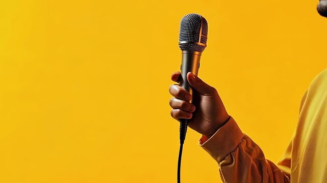 Vibrant yellow background framing professional microphone, gripped by hand with clean empty space surrounding visual for design integration, marketing concept, or text placement