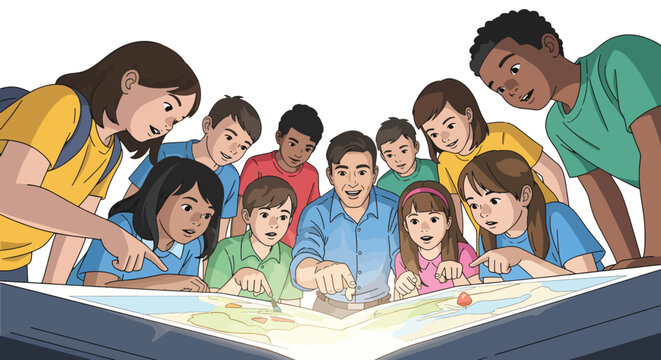 A diverse group of children and an adult studying a large map spread on a table with focused expressions in a bright setting.