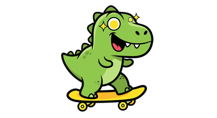 Fototapeta premium Cute cartoon green dinosaur with sparkly eyes riding a skateboard