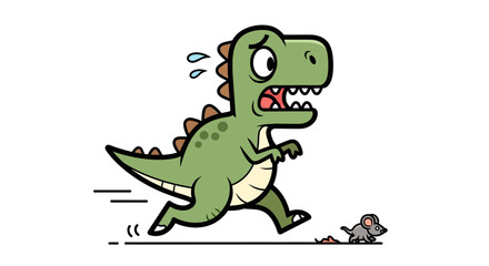 Obraz premium Cartoon dinosaur in full panic mode, sweating and fleeing in terror from a tiny mouse