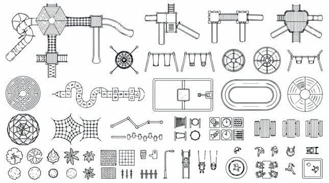 Architectural playground equipment top view vector set, landscape design floor plan symbols, outdoor park recreation area CAD blocks