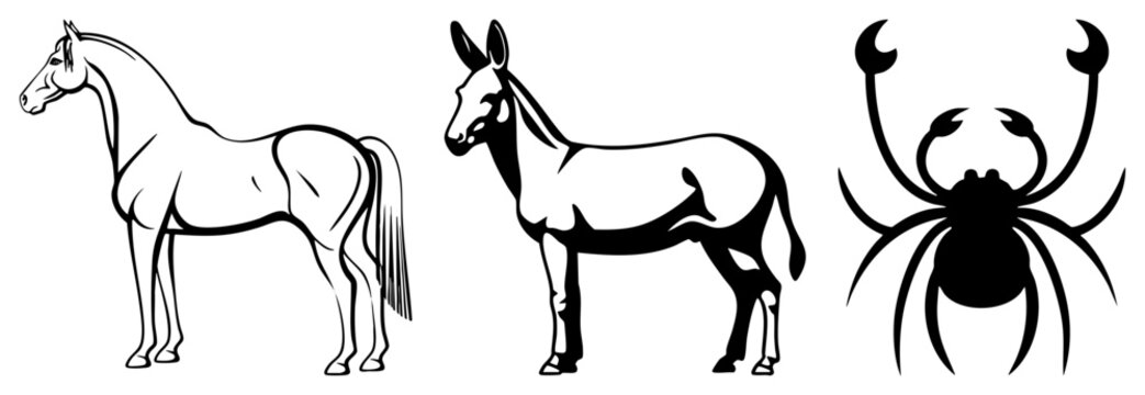 Clean set featuring a noble steed, a sturdy jackass, and a detailed crustacean. These glyphs showcase elegant and bold solid forms for versatile design projects.