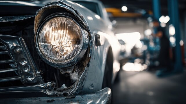 Damaged vintage car headlight and front fender showing dents and wear inside a repair workshop with blurred background of other vehicles and tools