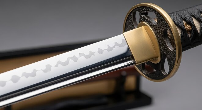 Closeup of a traditional Japanese katana sword with a polished blade and ornate tsuba handguard.