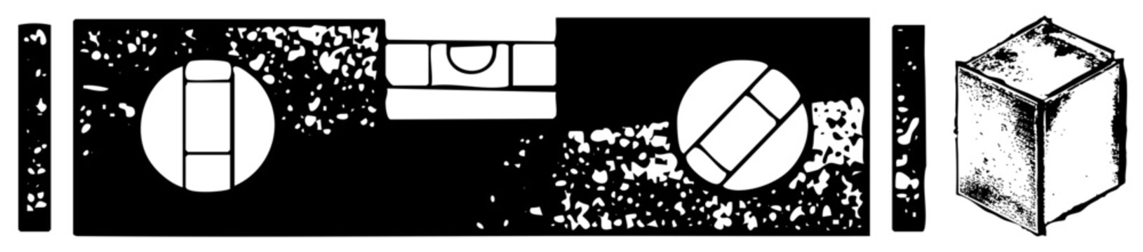 Gritty stencil art piece featuring a level tool, a bubble level, and a textured box. This rough block print uses high contrast shapes and heavy grain for a distressed aesthetic.