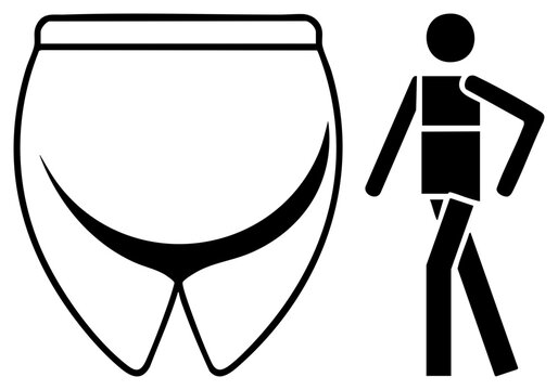 Clean silhouette featuring a pair of briefs or knickers alongside a simple walking person. This stylized underwear graphic and human shape provide a clear visual concept.