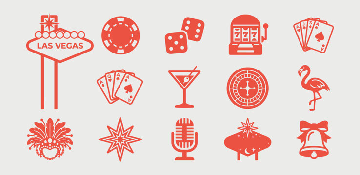 Las Vegas entertainment icon set featuring casino symbols and gambling elements for nightlife design