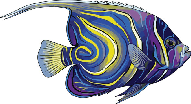 Exotic Blue Angelfish Vector Illustration, Intricate Tropical Marine Fish Art with Flowing Lines and Vibrant Patterns, High-Quality Oceanic Graphic Asset for Decorative and Aquarium Theme Design