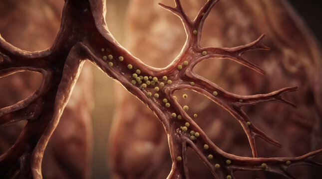 Cinematic Medical Render of Virus Particles in Human Bronchial Tree Lungs Photo