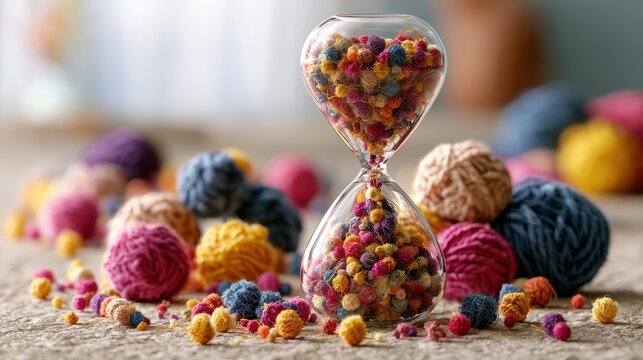 An elegant glass hourglass where vibrant mini yarn balls fall instead of sand, set in a bright ethereal studio. Represents time management and the creative process.