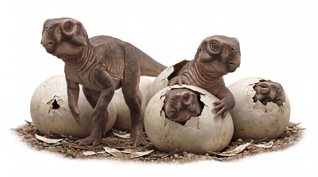 Psittacosaurus mongoliensis hatchlings emerging from eggs in a nest, highly realistic prehistoric reconstruction, scientifically accurate early life behavior, detailed juvenile anatomy, eggshell fragm