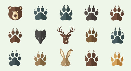 Flat vector set of forest wild animal icons and animal paw footprints © Ahmad