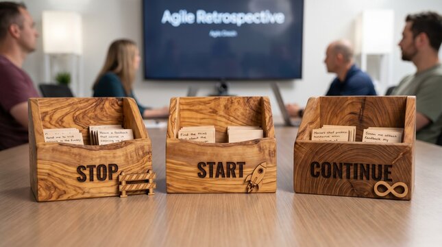 Wooden boxes for Stop Start Continue Agile Retrospective meeting concept with blurred team in background