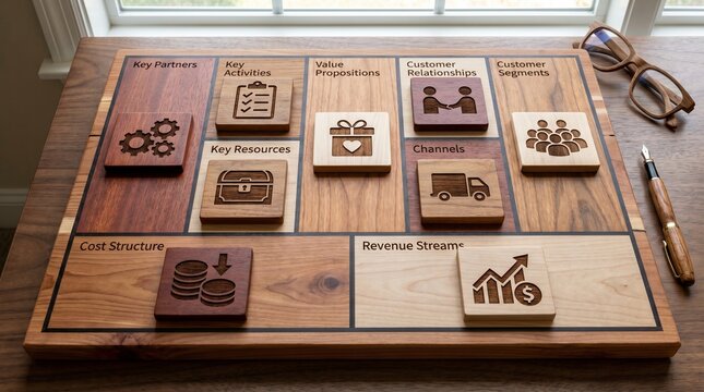 Business Model Canvas concept on a wooden mosaic board with carved elements and icons, an executive business strategy tool