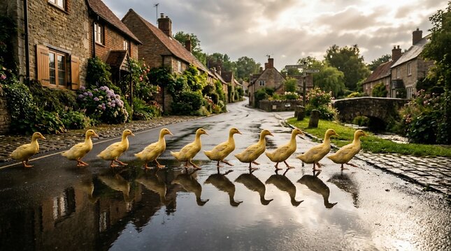 Yellow ducklings crossing wet road in quaint village
