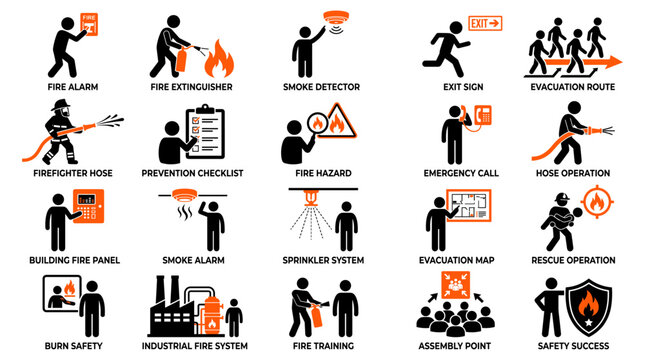 Fire Safety Response Stick Figure Icon with Fire Extinguisher Emergency Evacuation, Alarm Rescue and Warning Symbols in Black and Orange Design