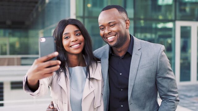 Happy, city and black couple with selfie for business picture, photography or rendezvous. Man, woman or capture moment with smile, hug or love for outdoor reunion or social media post in urban town