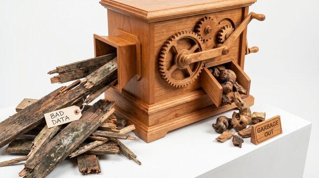 GIGO data quality principle concept shown with a wooden machine processing bad data into garbage