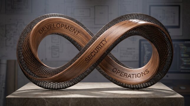 DevSecOps pipeline concept represented by a 3D rendered infinity symbol with development security operations text