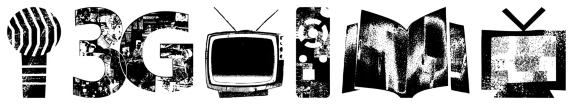 Gritty collage of electronic junk, including an old school cathode ray tube, a bulky telly, and 3G lettering. This distorted hardware set features heavy halftone textures and digital noise.