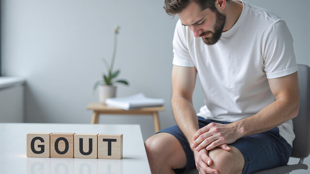Sad man touching his painful knee next to gout wooden blocks.