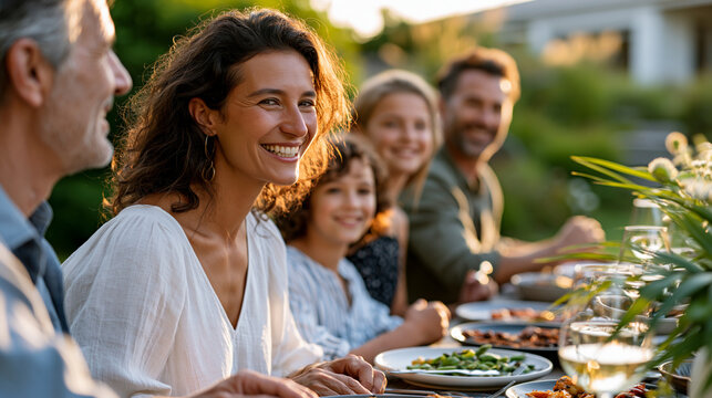 large backyard cookout with aunts, uncles, cousins and children seated together around one table, natural documentary lifestyle photography, warm authentic emotions, soft