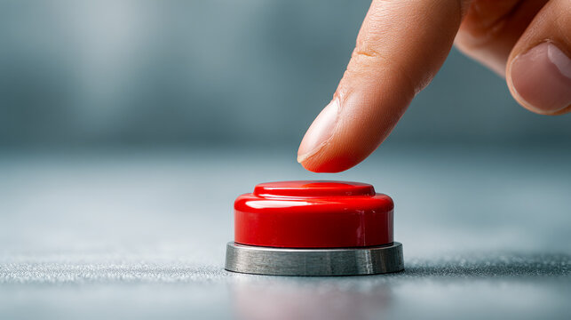 Finger about to press a red emergency stop button on a metallic surface symbolizing urgency and immediate action in critical situations