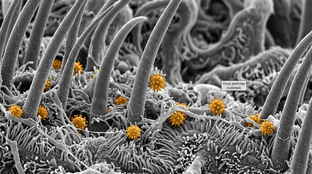Scanning Electron Microscope Style of Colored Virus Particles on Ciliated Tissue Photo