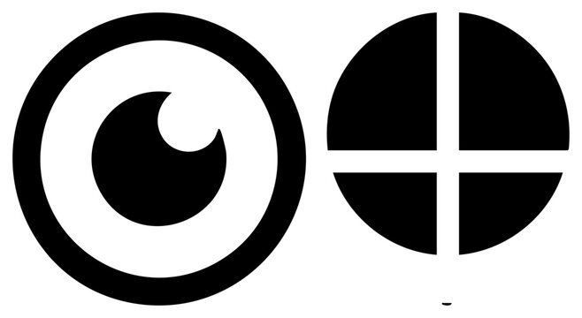 This stark silhouette features a stylized eyeball or peep hole alongside a circular target or sight. The bold ocular and present a high contrast visual language.