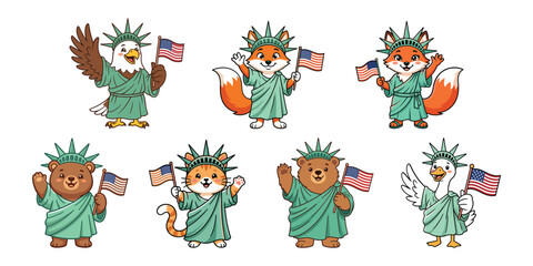 Obraz premium American patriotic animals characters set, bald eagle, fox, bear, cat, goose, bear in statue of liberty costume with flag.