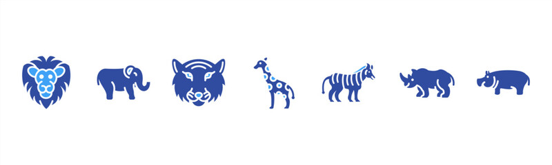 Wild Animals set with Lion, Elephant, Tiger, Giraffe, Zebra, Rhino, and Hippo for safari and wildlife visuals. © Dewi Sari