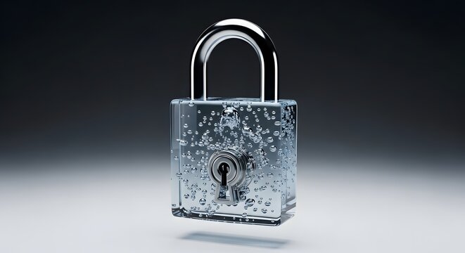 Transparent padlock with internal bubbles, a clear security lock for digital data protection and cybersecurity concepts. A modern glass padlock for abstract safety and privacy visuals.