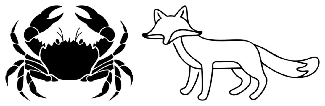 This clean duo presents a stylized crustacean, often called a mudbug or, alongside a sleek vulpine, known colloquially as a brush tail. Both animals feature simple black.