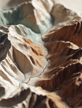 Detailed topographic relief model showcasing mountain ridges, valleys, and watercourses with contour lines illustrating elevation changes across rugged terrain