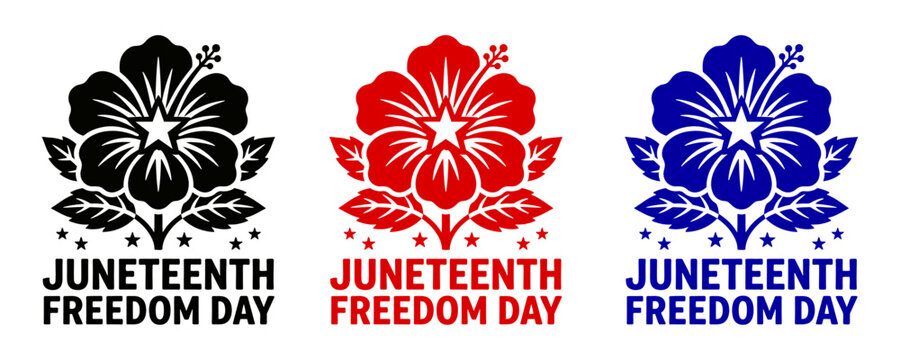 Juneteenth Freedom Day typographic logo bundle with hibiscus flower and stars vector set