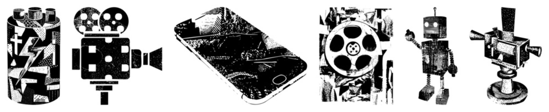 Collection of cinematic tools featuring a classic movie camera, a clapperboard style canister, and a retro robot. These celluloid gear pieces use heavy halftone textures and stencil aesthetics.