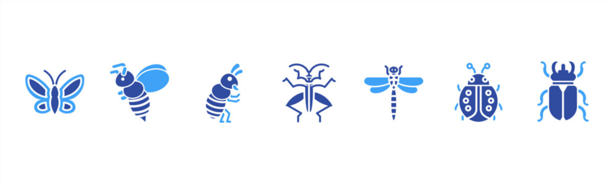 Insects set featuring Butterfly, Bee, Ant, Grasshopper, Dragonfly, Ladybug, Beetle for nature and biology visuals.