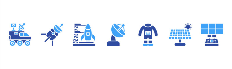 Space Technology set featuring Rover, Space Probe, Launch Pad, Satellite Dish, Space Suit, Solar Panel, Control Center for space engineering visuals. © Dewi Sari