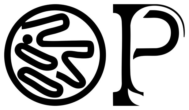 This graphic features a bold circular glyph containing fluid abstract shapes alongside a classic serif letter. This stylized sigil and typographic mark create a unique visual identity.