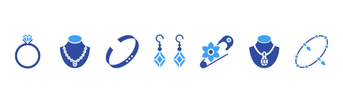 Jewelry set featuring Ring, Necklace, Bracelet, Earrings, Brooch, Pendant, Anklet for fashion and accessory visuals.