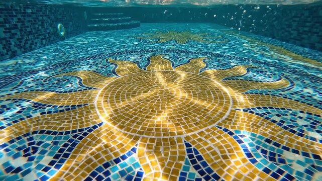 Swimming pool bottom with sun mosaic tile, blue water and decorative pattern highlights pool as axis, repeated as pool design, pool tile and pool art for spa marketing, architecture SMM